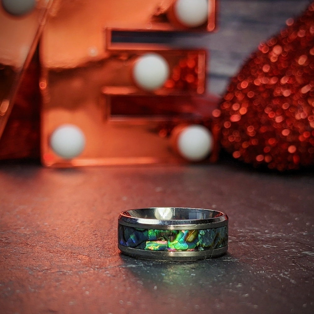 Mens 8MM Inlaid Abalone Shell Titanium Ring